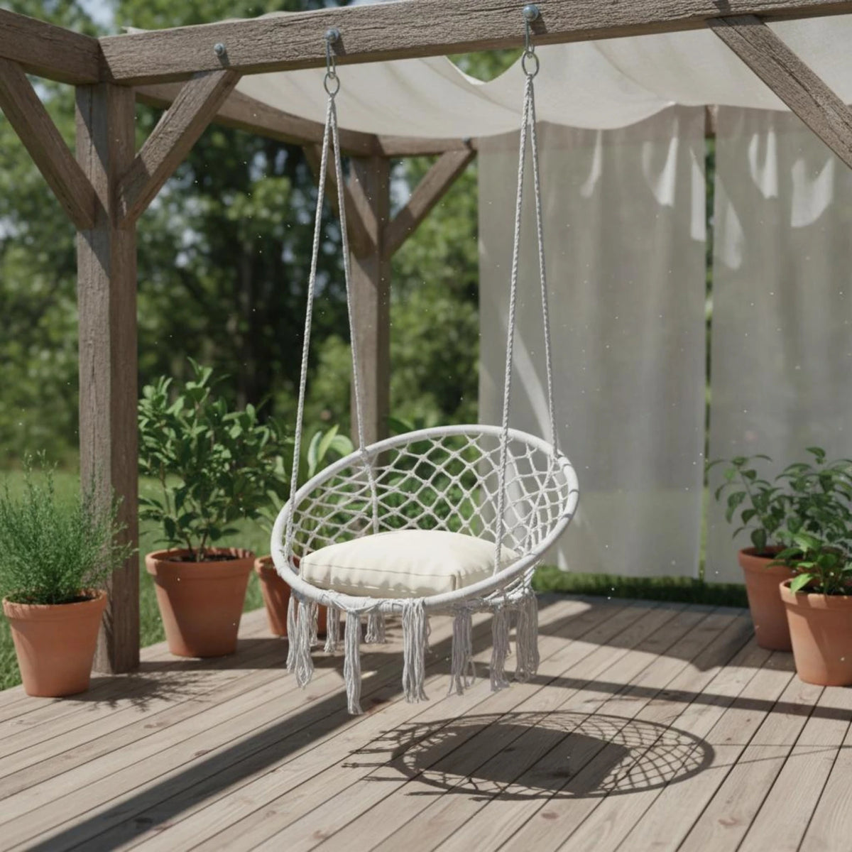 Macrame Chair Airy Lattice Cotton Rope Hanging Chair Home Furniture Oval Frame Single-Color