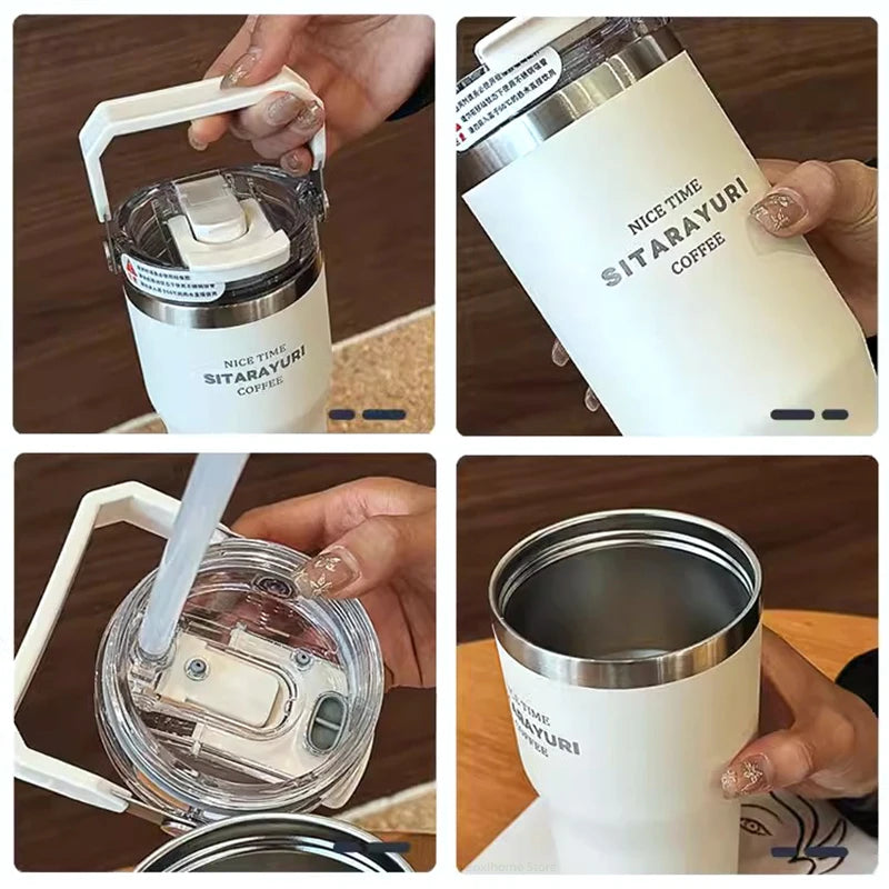 20oz Double Drink Thermos Cup Large Capacity Vacuum Insulation Thermal Bottle Ice Bully Straw Water Cup Portable Car Coffee Mug