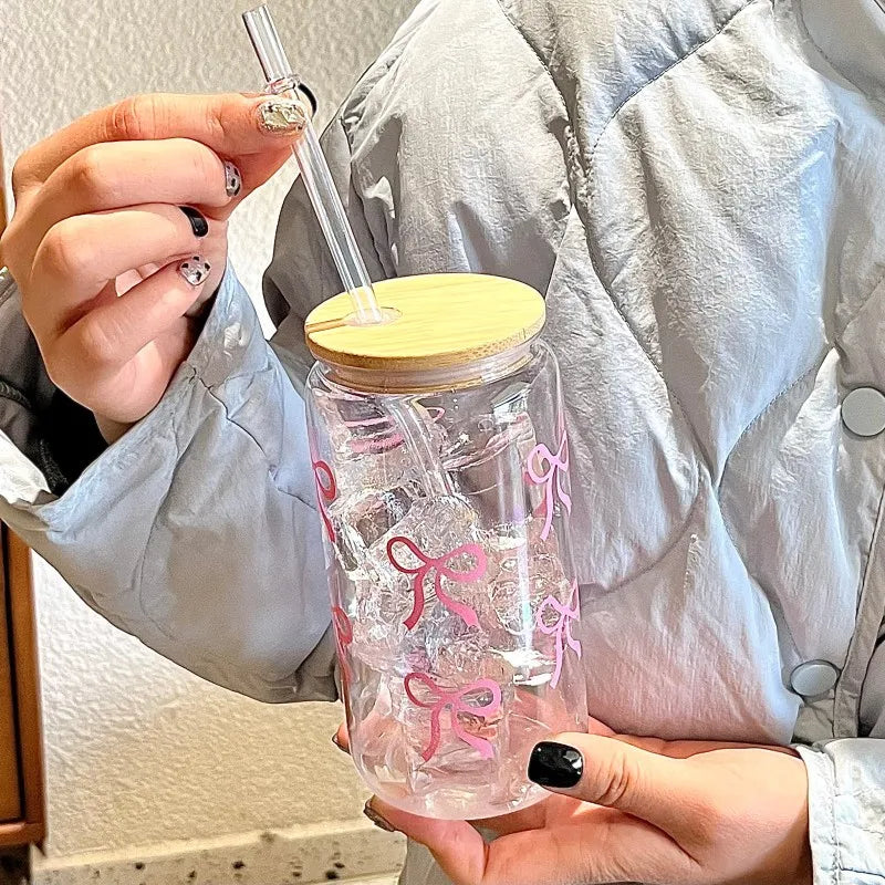 Simple Style Bow Straw Cup High Borosilicate Glass Office Coffee Cup Bamboo Cover Household Beverage Milk Cup Souvenir Gift Mug