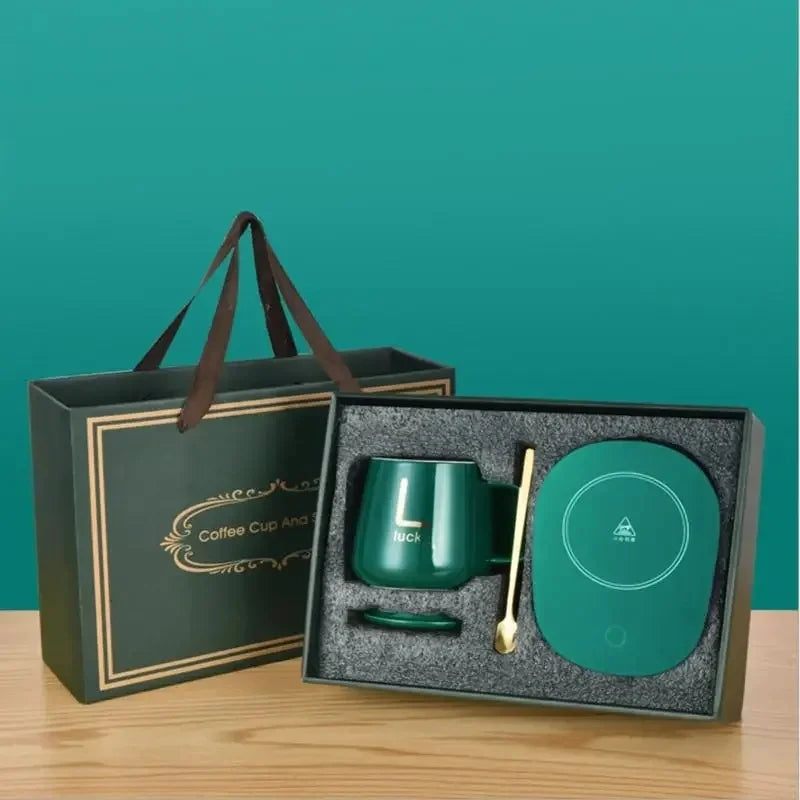 Smart self-heating cup with 55°C constant temperature. Gift box mug with spoon, suitable for camping, office use and as a gift