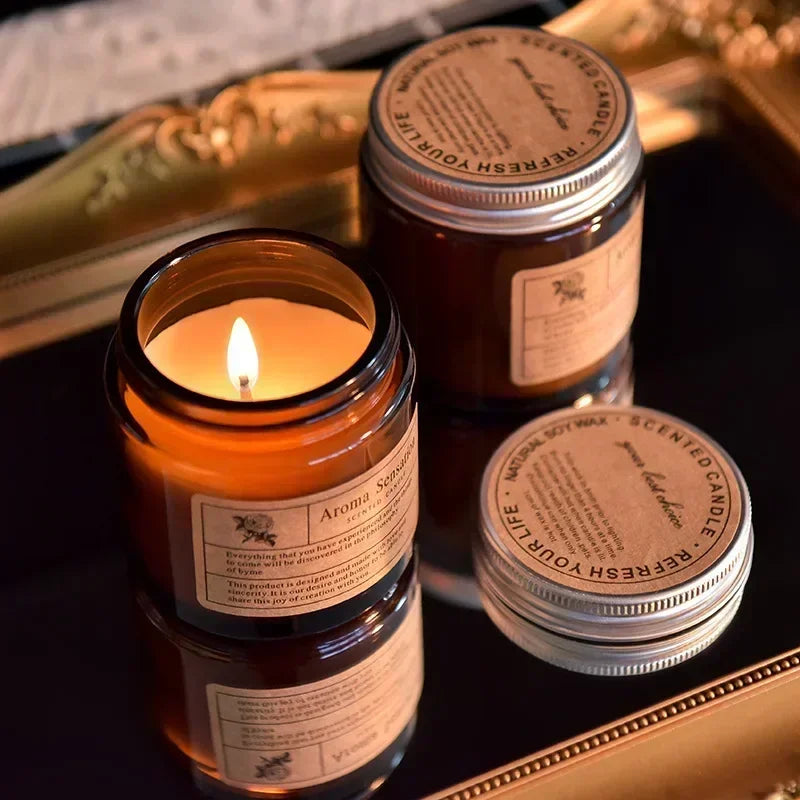 1pc Brown Glass Cup Aromatherapy Candle Smokeless Scented Candle Suitable for Home Decoration Birthday Valentine&