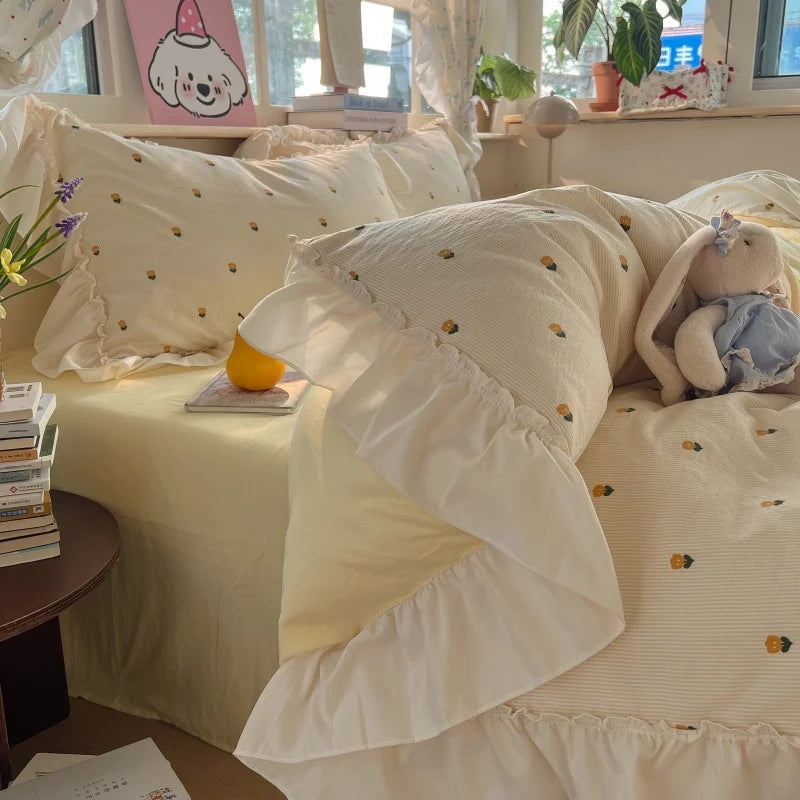3/4Pcs Korean Princess Style Lace Ruffles Bedding Set Single Queen King Size Duvet Cover Set Bed Sheet Pillowcases