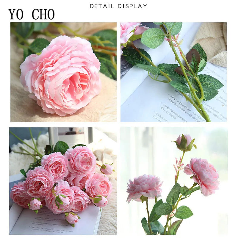 YO CHO 60cm Premium Silk White Pink Peonies Artificial Bouquet