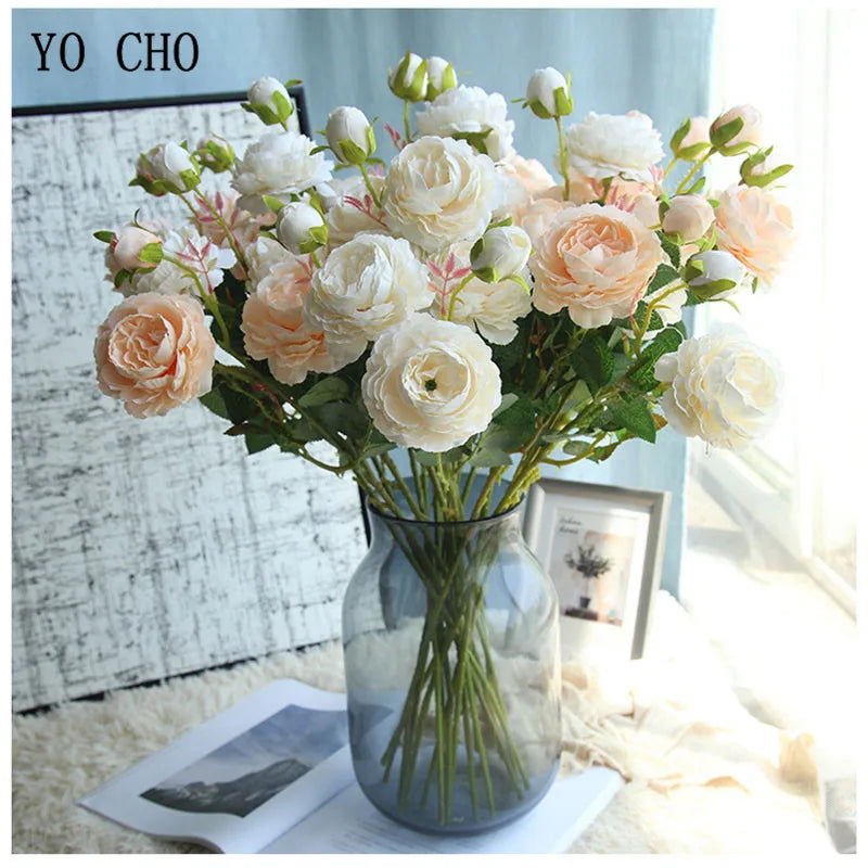 YO CHO 60cm Premium Silk White Pink Peonies Artificial Bouquet