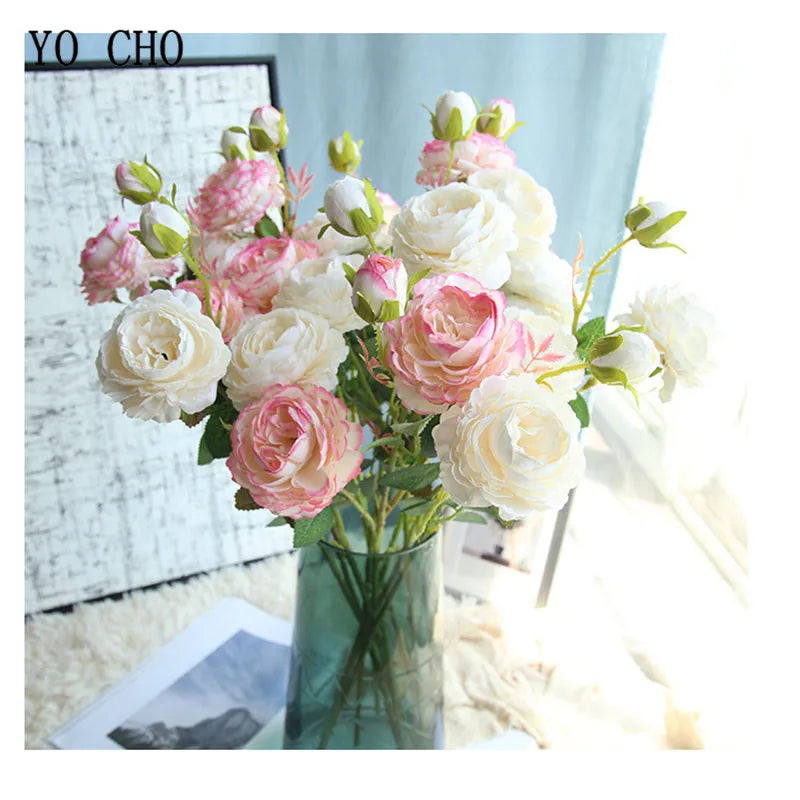 YO CHO 60cm Premium Silk White Pink Peonies Artificial Bouquet