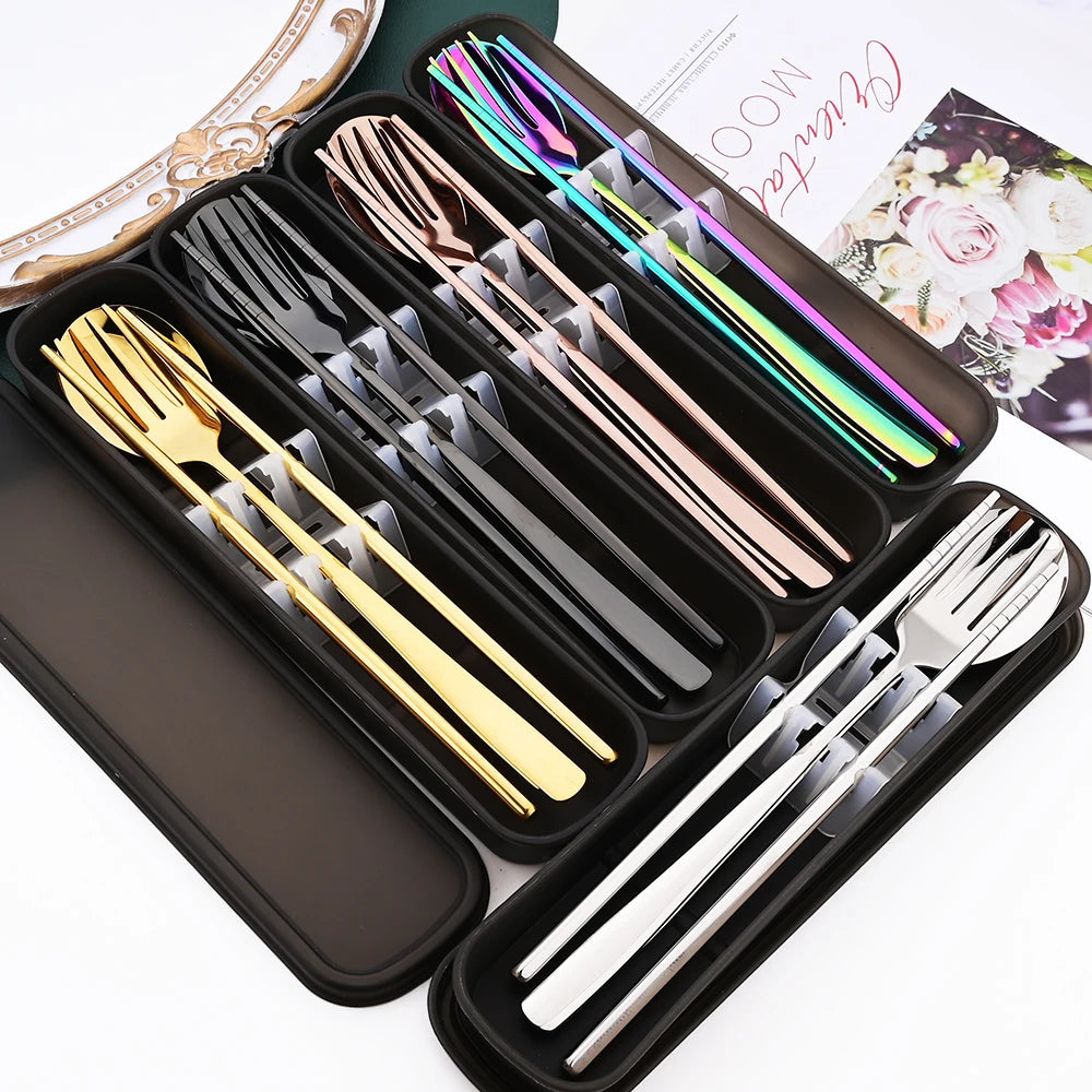 3-Piece Stainless Steel Cutlery Set with Storage Box – Portable Spoon, Fork &amp; Chopsticks