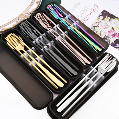 3-Piece Stainless Steel Cutlery Set with Storage Box – Portable Spoon, Fork &amp; Chopsticks