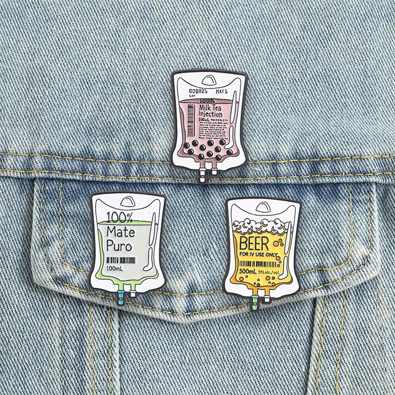 IV Drip Drink Enamel Pins Mate Puro Beer Boba Milk Tea Intravenous Fluid Brooches Lapel Badges Medical Jewelry Gift