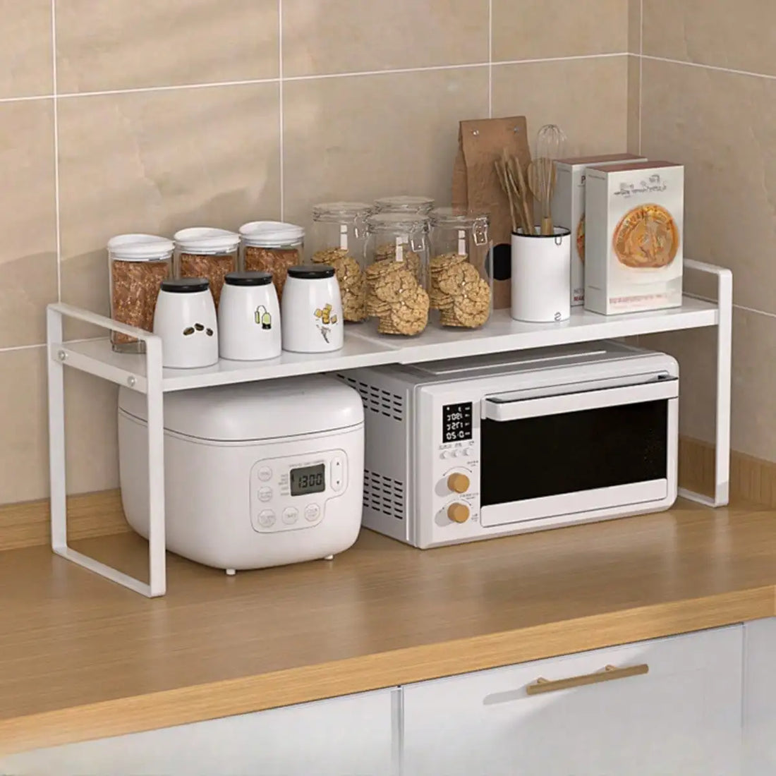 1pc Expandable Kitchen Countertop Storage Rack Metal Cabinet Shelf Organizer Adjustable Microwave Stand Pantry Cupboard Counter Organizer Shelf For Pots Pans Spice Under Sink Gift