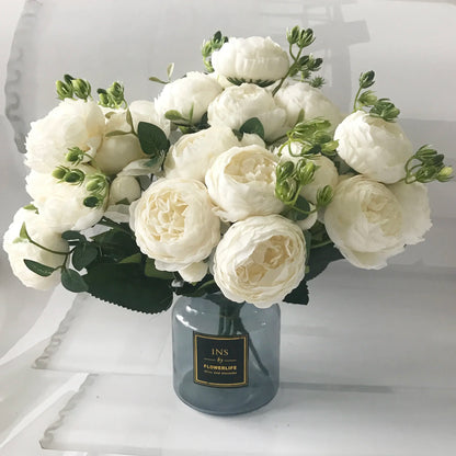 30cm Premium Rose Pink Silk Peony Bouquet (5 Big Heads & 4 Buds)