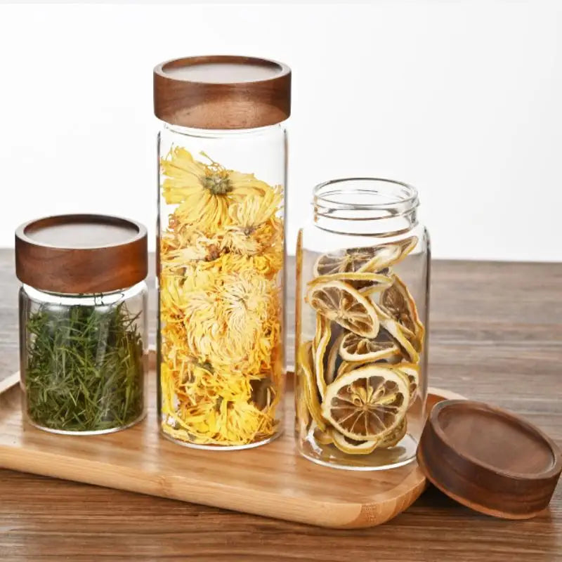(.) Coffee Beans Sealed Tank Transparent Glass Container With Wood Lid Food Storage Jars Candy Dried Jars Household Organizer