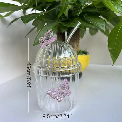 400ml Butterfly Glass Cup with Lid & Straw 🦋☕