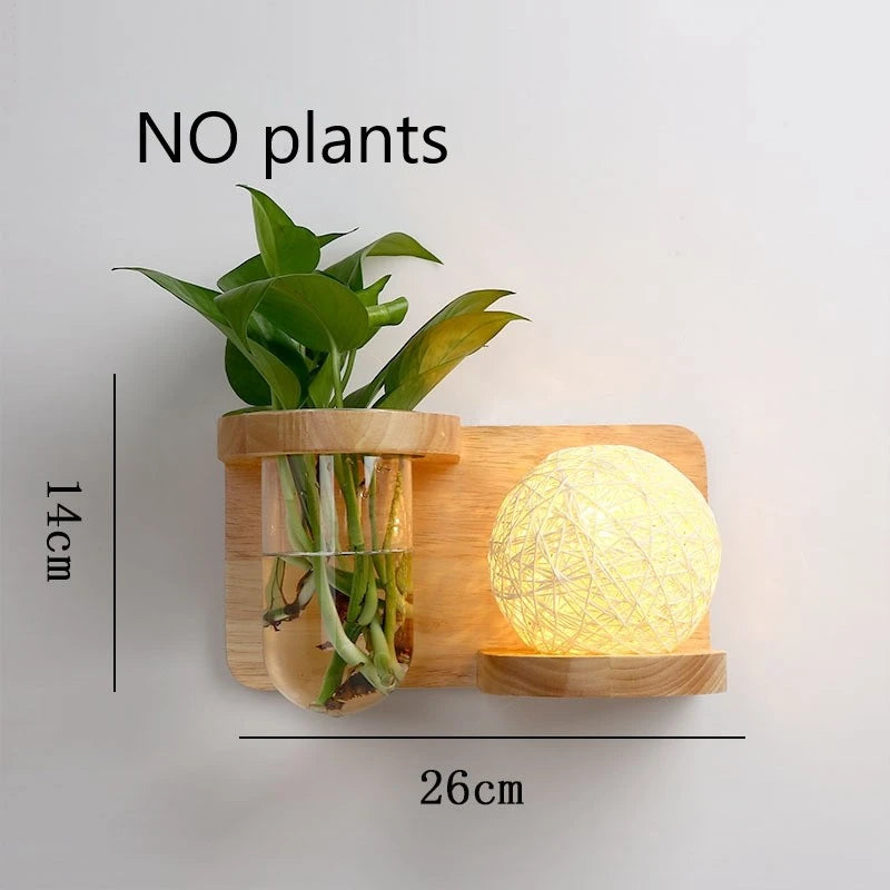 Modern Wooden LED Wall Lamp with Green Plant Design – Nordic Home Decor
