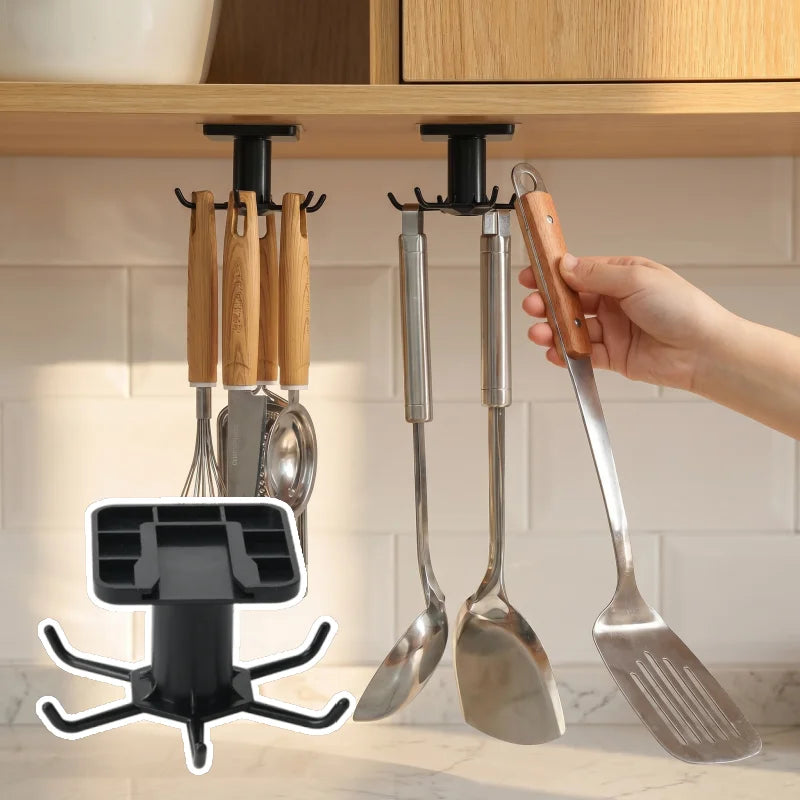 360 Rotating Kitchen Hooks Adhesive Utensil Organizer Rack with 6 Hooks No Drill Cabinet Mount for Spoons Towels &amp; Cups