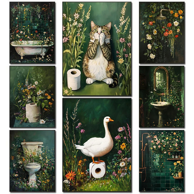 Retro Gothic Botanical Bathroom Wall Art 🖤🌿🦆