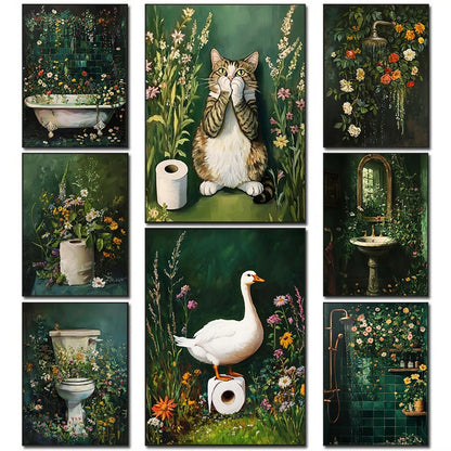 Retro Gothic Botanical Bathroom Wall Art 🖤🌿🦆