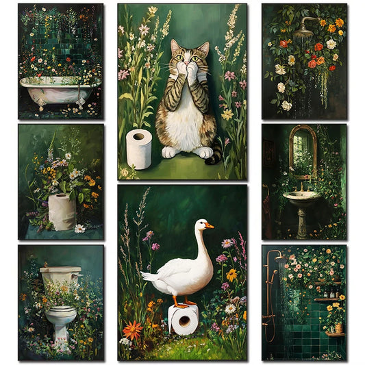 Retro Gothic Botanical Bathroom Wall Art 🖤🌿🦆
