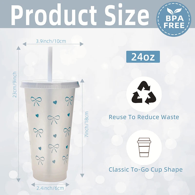 1Pc a Cute Bowknot Water Bottle Aesthetic Tumbler For Ice Coffee Juice Te Plastic Cups With Straw Lid Portable Drinking Bottle