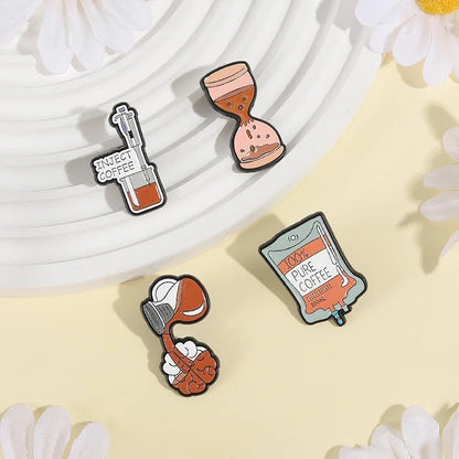 100% Pure Coffee Bag Medical Enamel Pins Coffee Filling Brain Inject Coffee Hourglass Brooch Lapel Badge Jewelry Gift for Friend