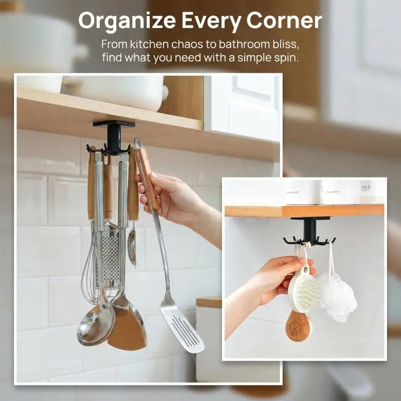360 Rotating Kitchen Hooks Adhesive Utensil Organizer Rack with 6 Hooks No Drill Cabinet Mount for Spoons Towels &amp; Cups