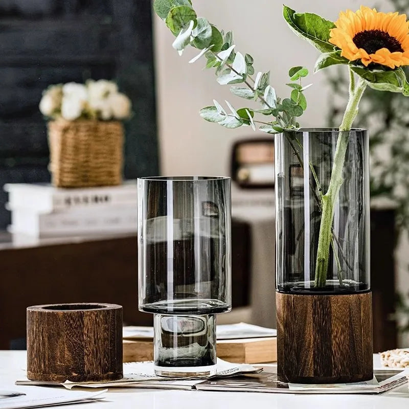 Minimalist Glass Vase with Wooden Base – Modern Hydroponic Plant Decor
