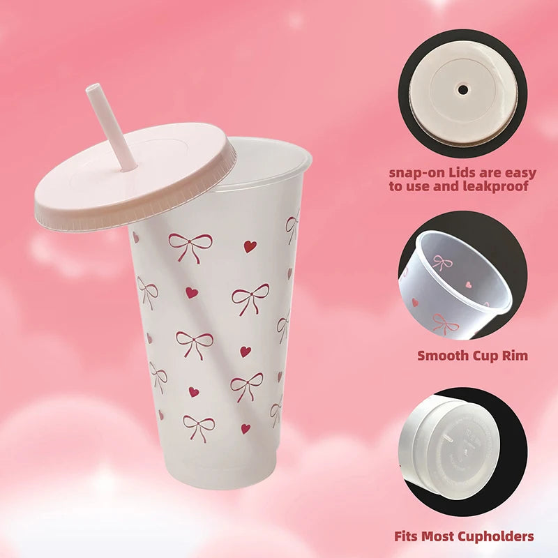 1Pc a Cute Bowknot Water Bottle Aesthetic Tumbler For Ice Coffee Juice Te Plastic Cups With Straw Lid Portable Drinking Bottle