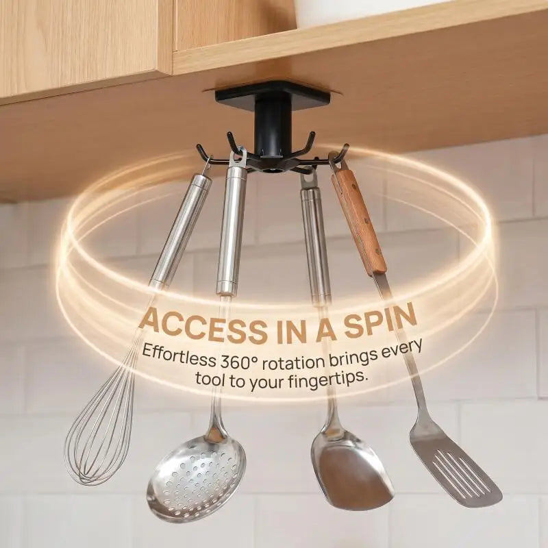 360 Rotating Kitchen Hooks Adhesive Utensil Organizer Rack with 6 Hooks No Drill Cabinet Mount for Spoons Towels &amp; Cups
