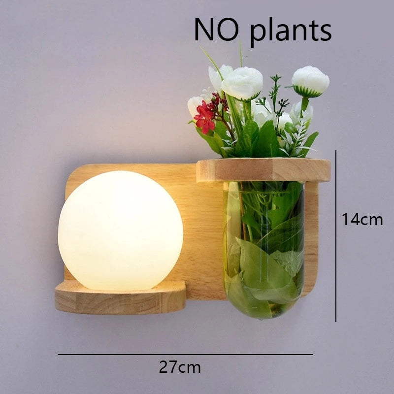Modern Wooden LED Wall Lamp with Green Plant Design – Nordic Home Decor