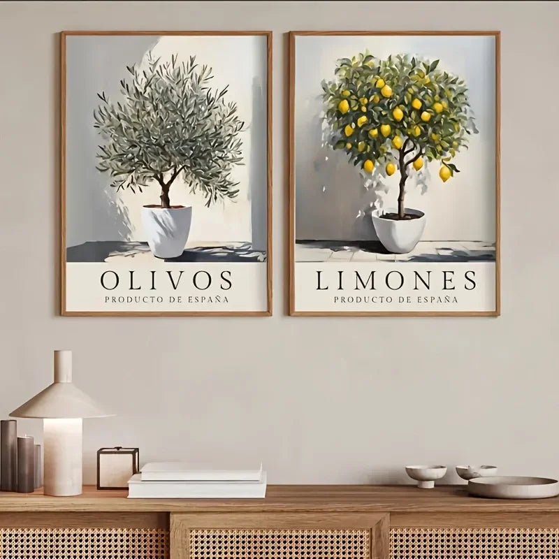 Retro Elegant Olive Tree & Lemon Canvas Wall Art Poster