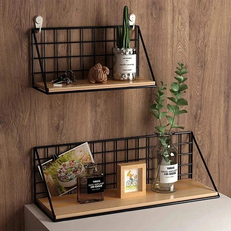 Wooden Floating Wall Shelf No Drilling Storage Basket Rack Space Saving Organizer Display Shelf for Bedroom Living Room Decor