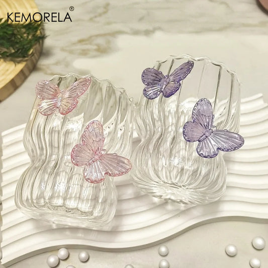 3D Butterfly Striped Glass Coffee Cup 🦋☕
