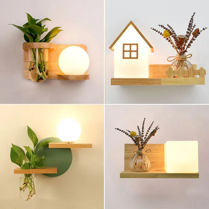 Modern Wooden LED Wall Lamp with Green Plant Design – Nordic Home Decor