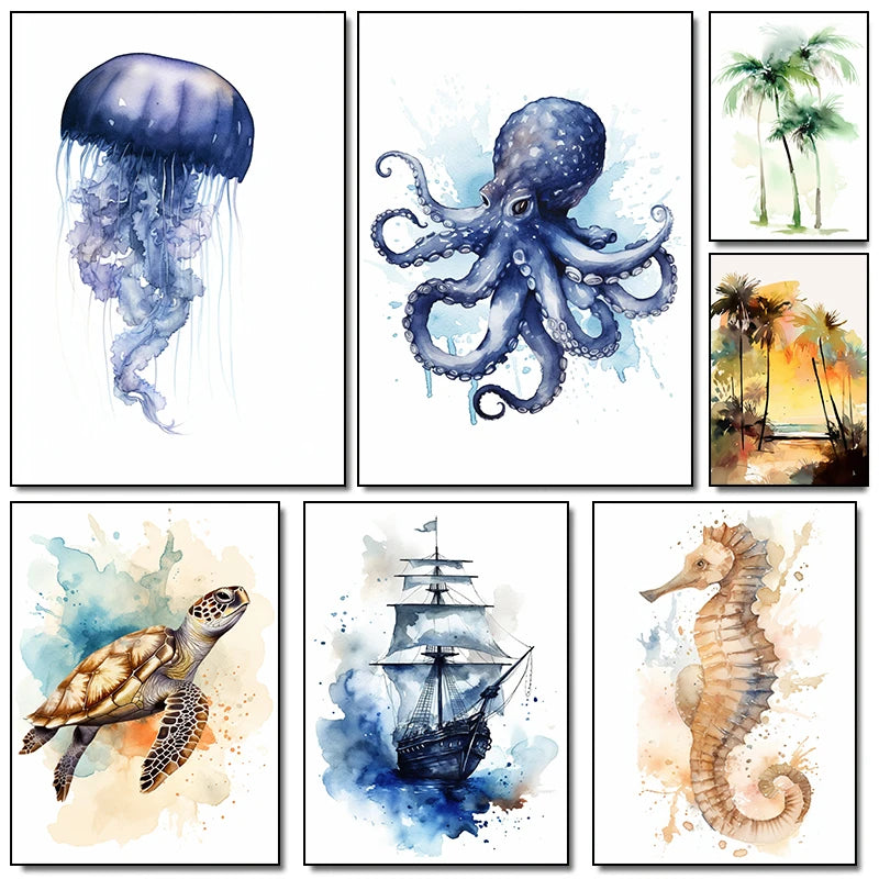 Watercolor Blue Coastal Sea Creatures Canvas Wall Art Posters
