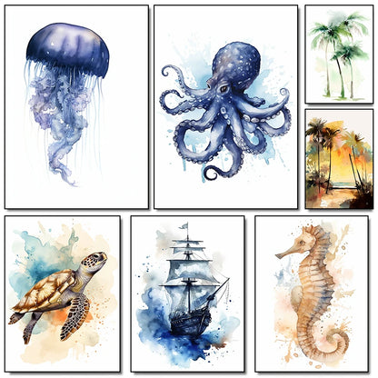 Watercolor Blue Coastal Sea Creatures Canvas Wall Art Posters
