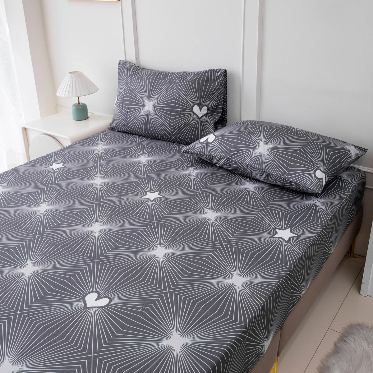Geometric Star Pattern Printed Fitted Sheet, 1-Piece Mattress Cover (Pillowcase and Pillow Insert Not Included), Simple Line Design Polyester Fiber 3D Dirt-Resistant Mattress Protector, Soft and Breathable Polyester Fitted Sh