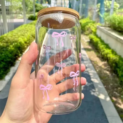 Cute 500ml Bow Glass Cup with Lid and Straw for Iced Coffee