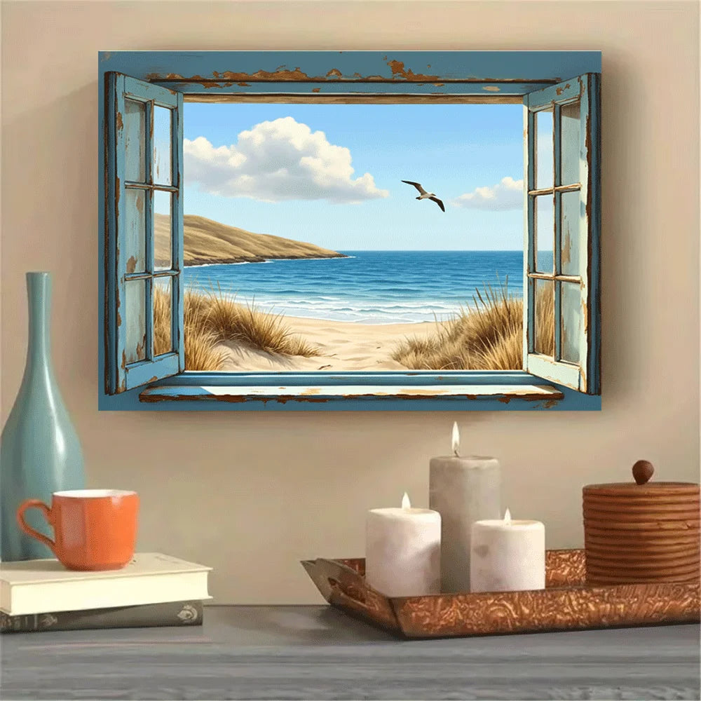 Ocean View Through Rustic Window Unframed Canvas Poster