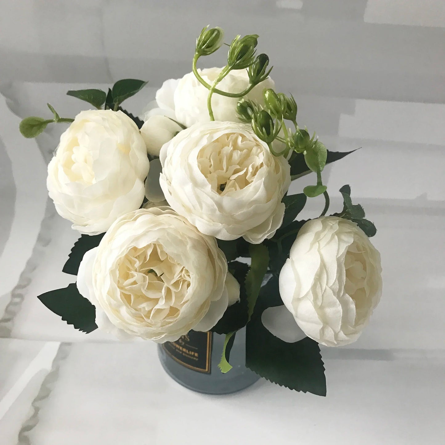 30cm Premium Rose Pink Silk Peony Bouquet (5 Big Heads & 4 Buds)