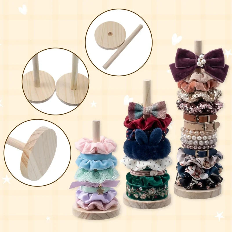 Wooden Hair Tie Holder Stand - Vertical Scrunchie Holder Organizer for Women - Natural Wood Hair Accessories Organizer Display