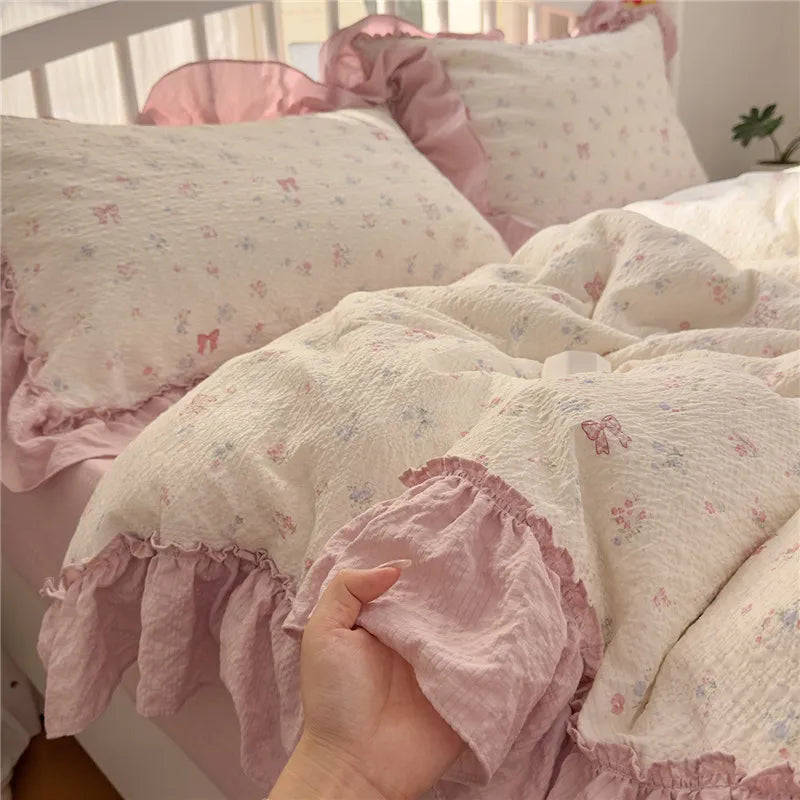 طقم مفروشات سرير بتصميم أميرة كوري مكشكش مكون من 3/4 قطع، مقاسات مفرد ومزدوج وكينج، غطاء لحاف وملاءة سرير وأغطية وسائد