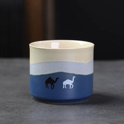Retro Small Tea Cups 2oz 60ml Coarse Ceramic Camel Print Mini Coffee Mugs