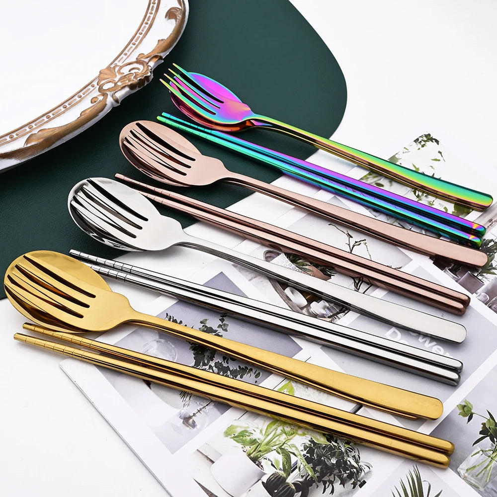 3-Piece Stainless Steel Cutlery Set with Storage Box – Portable Spoon, Fork &amp; Chopsticks