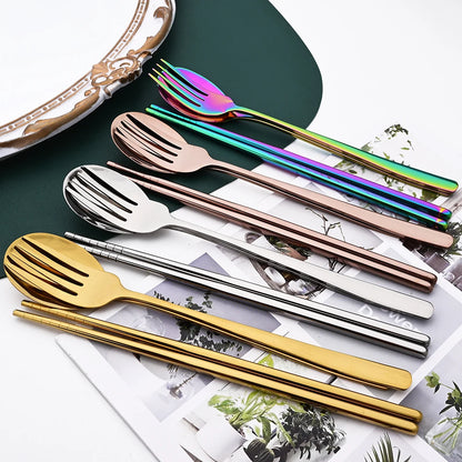 3-Piece Stainless Steel Cutlery Set with Storage Box – Portable Spoon, Fork &amp; Chopsticks
