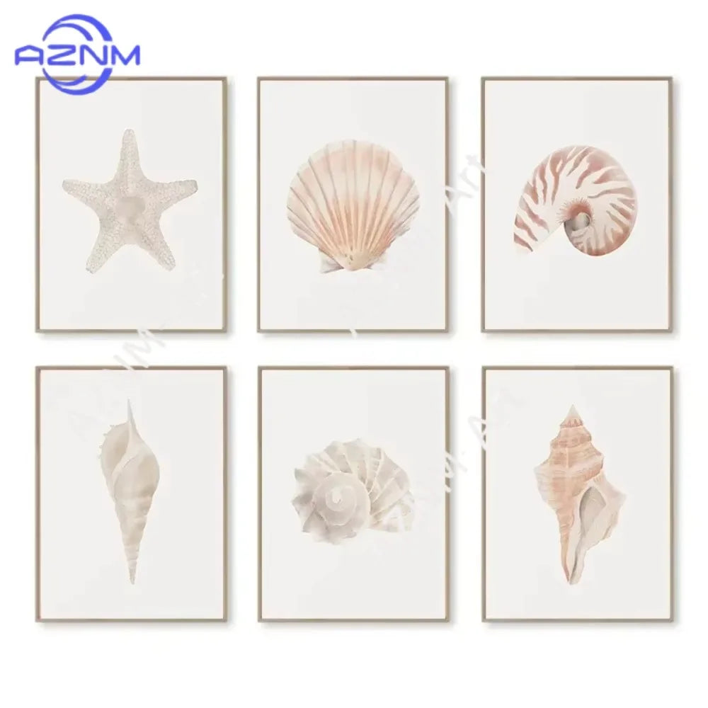 Modern Blue Coastal Shells and Starfish Canvas Poster Set