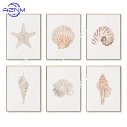 Modern Blue Coastal Shells and Starfish Canvas Poster Set
