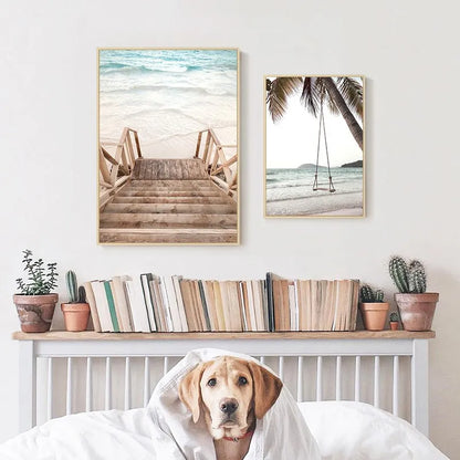 Tropical Beach Ocean Palm Tree & Banana Leaves Canvas Poster