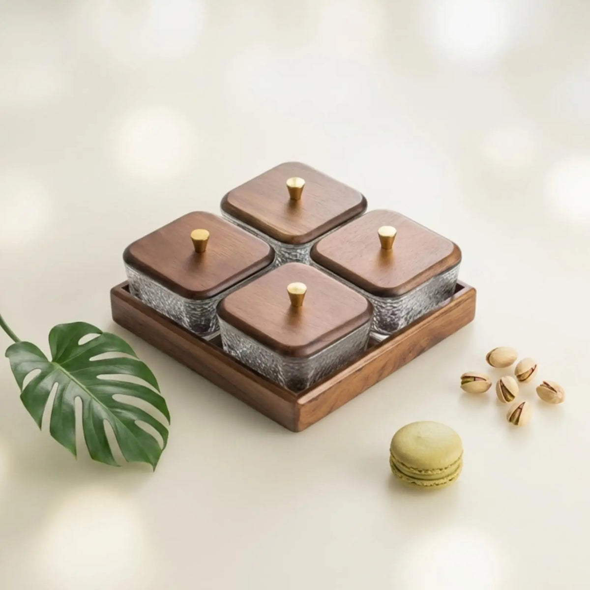Walnut Wood Compartment Tray Glass Containers with Gold Knobs Decorative Tray for Hospitality Reception and Parties