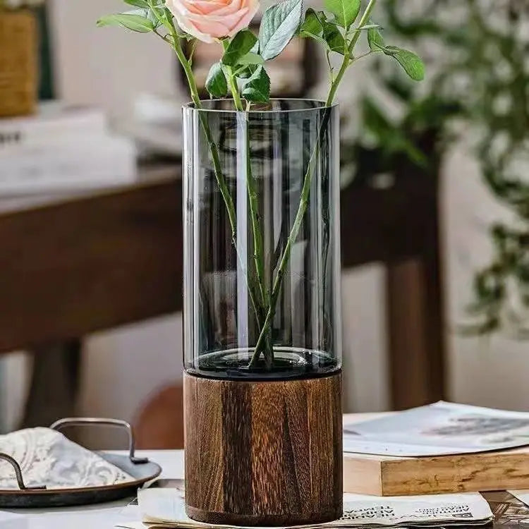 Minimalist Glass Vase with Wooden Base – Modern Hydroponic Plant Decor