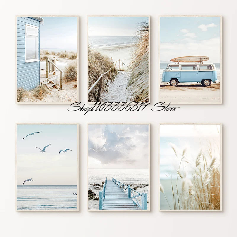 Beach Coastal Ocean Landscape Canvas Poster with Pampas Grass