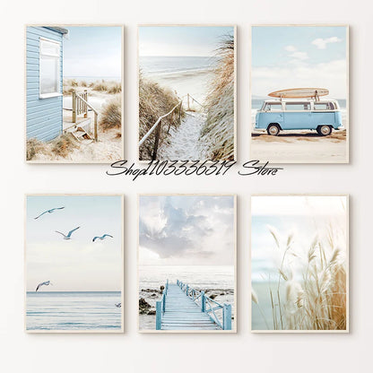 Beach Coastal Ocean Landscape Canvas Poster with Pampas Grass